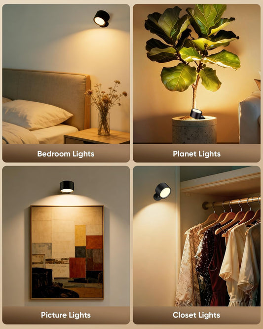 LED Wall Mounted Lights 2 Pcs with Remote, Rechargeable Wall Sconce with 3 Color Temps & Dimmable Magnetic 360° Rotation Cordless Light for Bedroom Reading Bedside