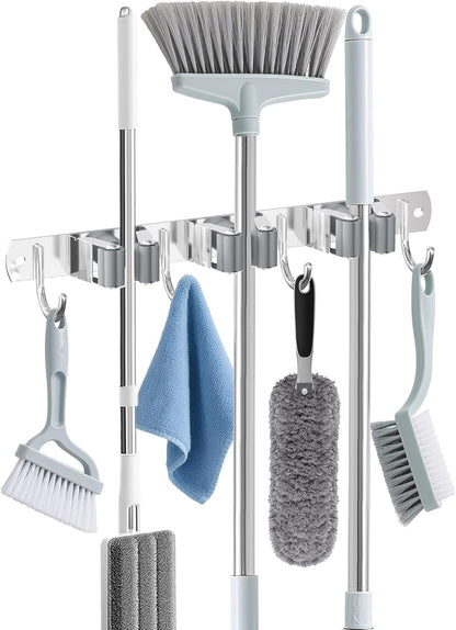 HANZENMA Broom Holder Wall Mount, Broom Organizer Wall Mount Stainless Steel Broom and Mop Hanger Heavy Duty Storage Organization for Home Kitchen Garden Garage Room 5 Racks 4 Hooks