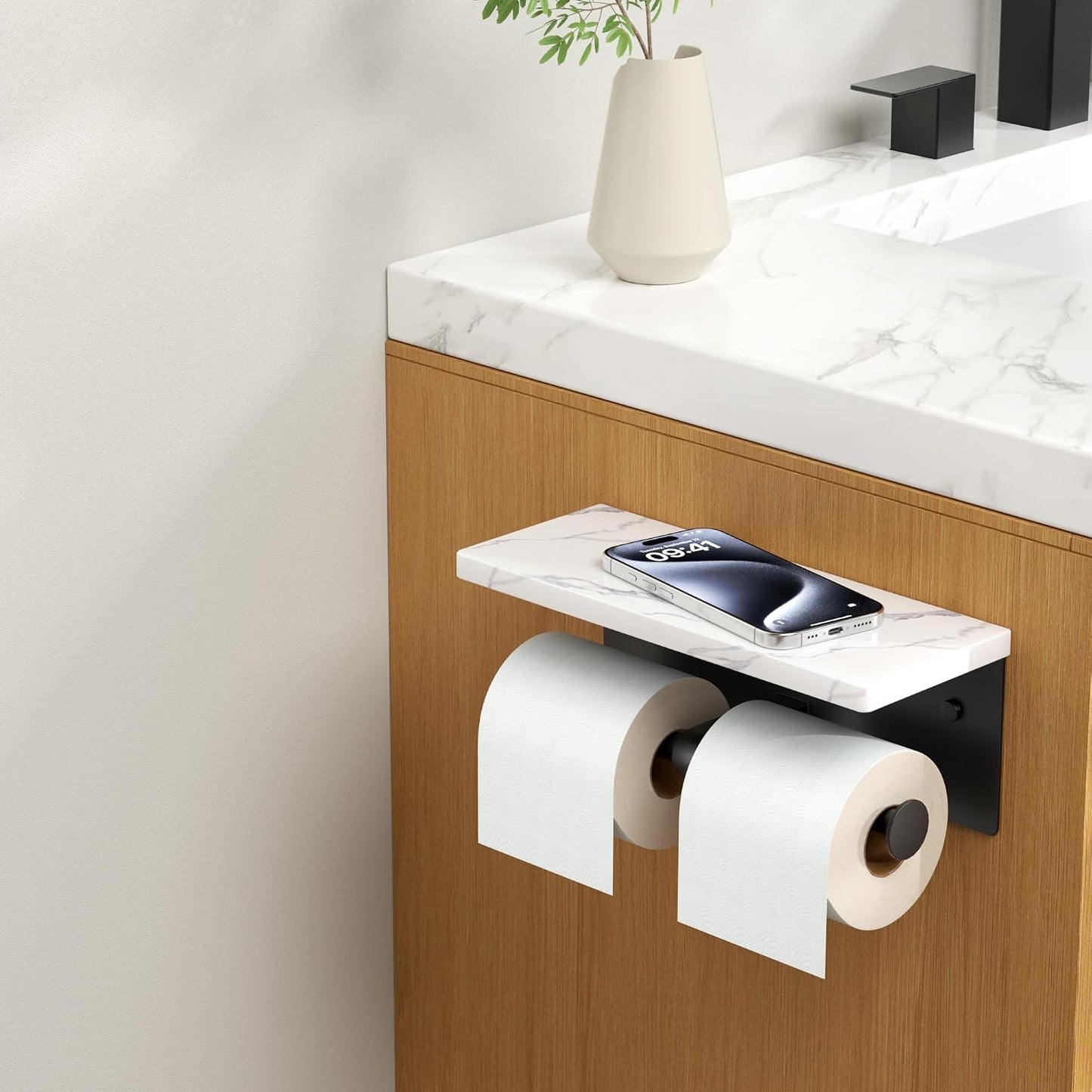 FORIOUS Toilet Paper Holder with Shelf, Natural Marble, Commercial | Brushed Nickel, Wall Mount 304 Stainless Steel Commercial Bathroom Tissue Roll Dispenser, Heavy Duty Washroom Paper Storage