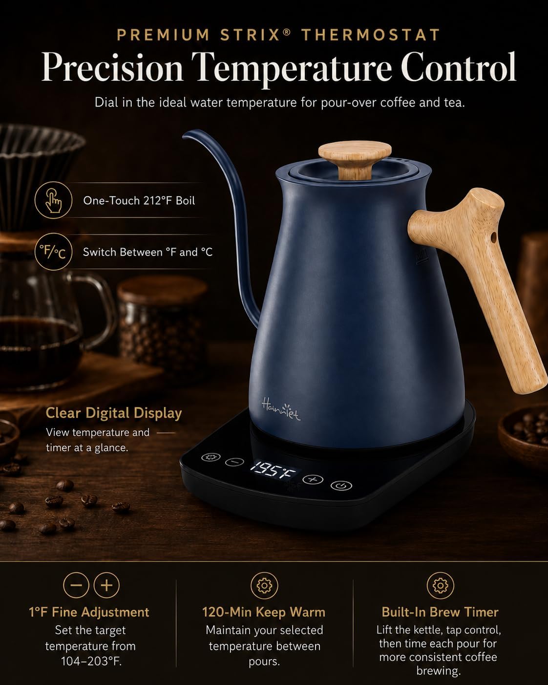 Harriet Gooseneck Electric Kettle, 1°F Control, Brew Time, 0.8L