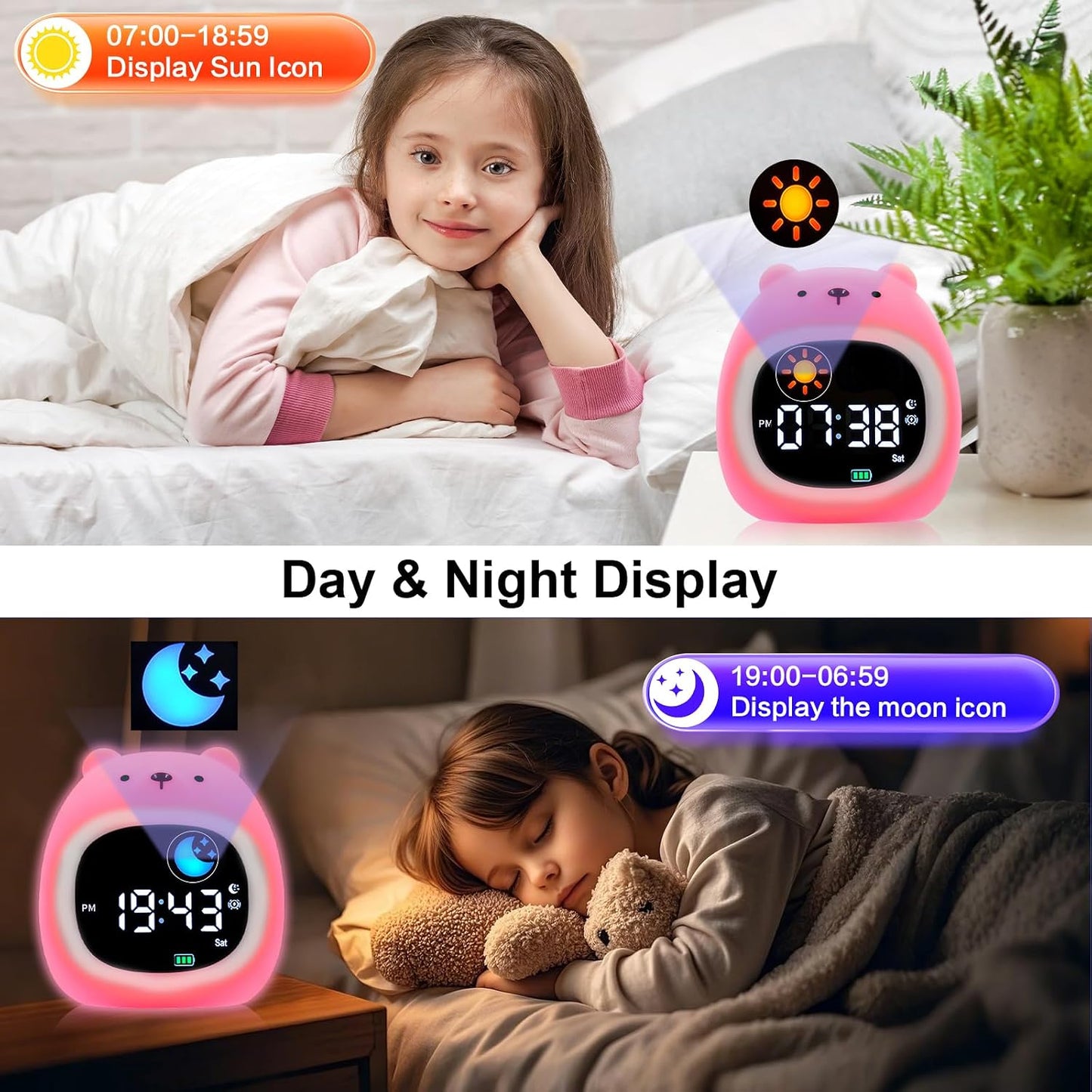Kids Alarm Clock, Sunrise Alarm Clock with Night Light, LED Display Bedside Clock with Sleep Music Soothing Sounds, Snooze Function, 12/24H, 6 Adjustable Brightness for Bedroom, White Bear