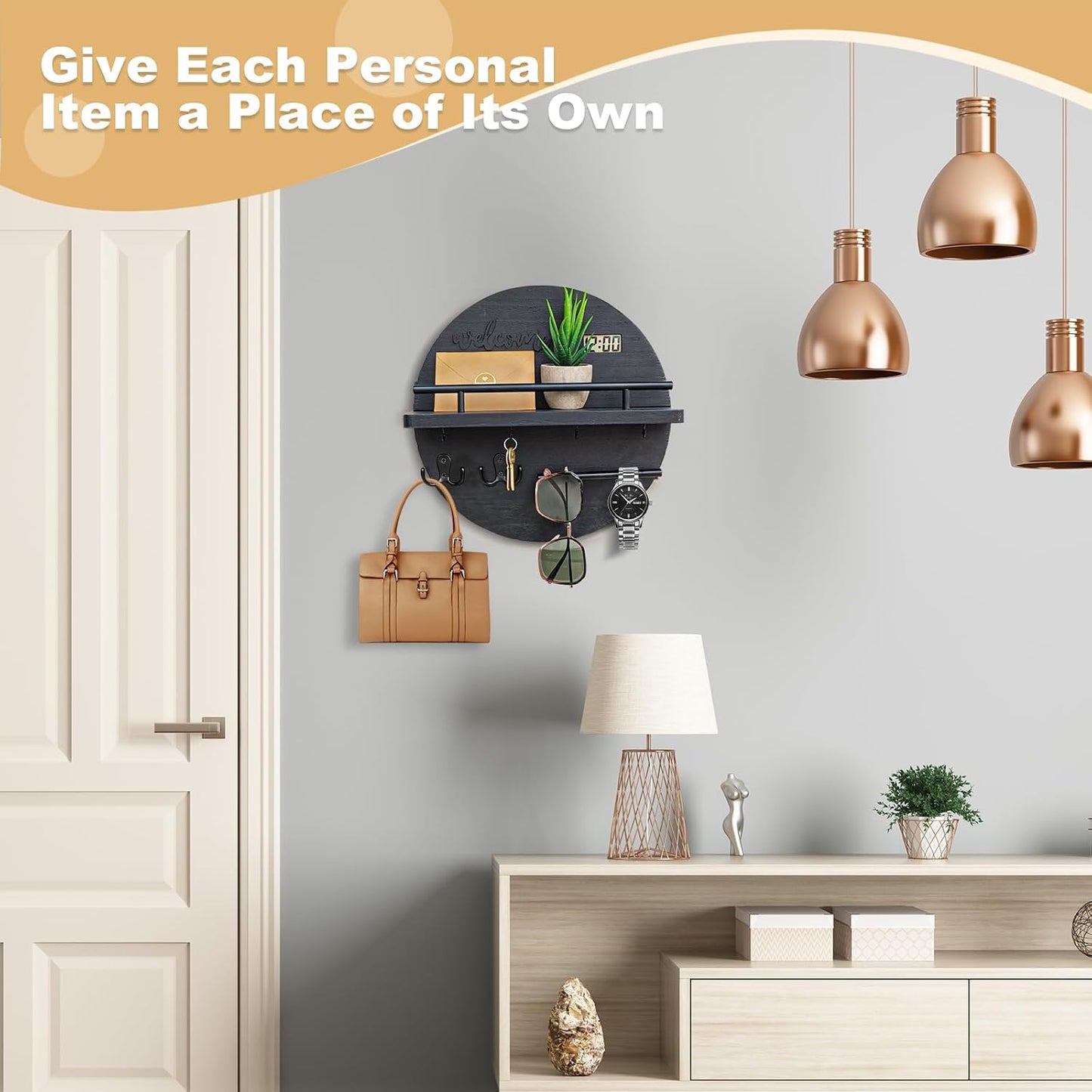 Key Holder for Wall, Key and Mail Holder Organizer with - Key Holder Wall Mount - Round Wooden Rustic Home Decor for Entryway, Mudroom, Hallway, Kitchen Office (Black)