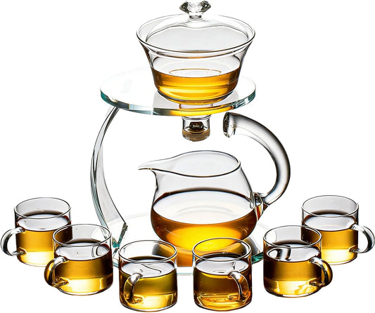 Glass Teapot Set Semi Automatic Drip Rotating with Infuser Chinese Heat-Resistant Lazy Kungfu Tea Set with 6pcs Teacups (Clear)