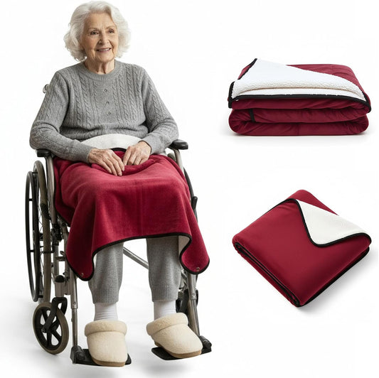 Wheelchair Lap Blanket for Seniors, 43" * 28" Soft Sherpa Lined Knee & Lap Cover, Warm Lightweight Throw with Snap Buttons, Cozy Comfort for Elderly & Caregivers, Wine Red