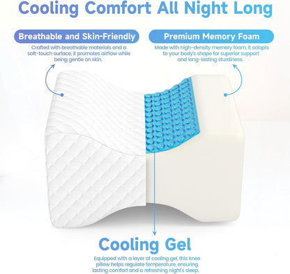 CloudBliss Cooling Gel Knee Pillow for Side Sleepers, Memory Foam, White | Contoured leg pillow, high-density foam, removable machine-washable cover, breathable fabric, hip and knee support