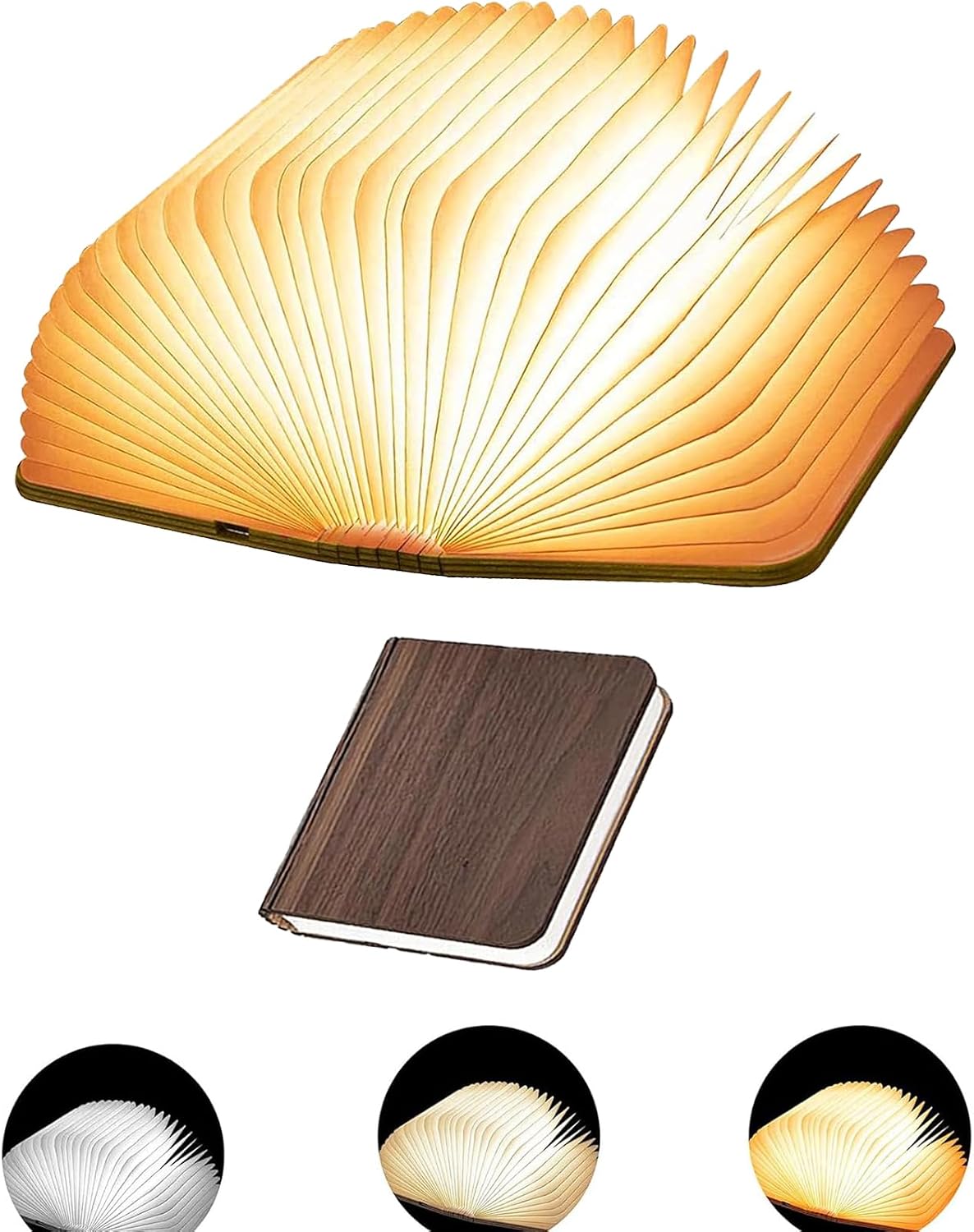 5.7 Inch Wooden Book Lamp, Multicolor Folding Book Lamp Automatically Changes Color, USB Rechargeable Book Lights, Novelty Night Light ﻿ (3Color, Large)
