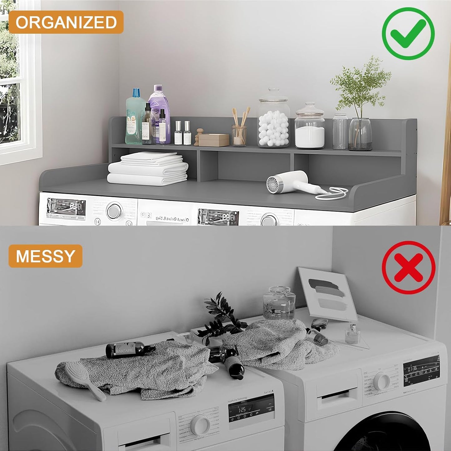 Washer Dryer Countertop with Shelf, 2-Tier Laundry Countertop Over Washer and Dryer, 54" x 27.55" Wooden Table for Folding Clothes for Laundry Room Organization and Storage (Oak)