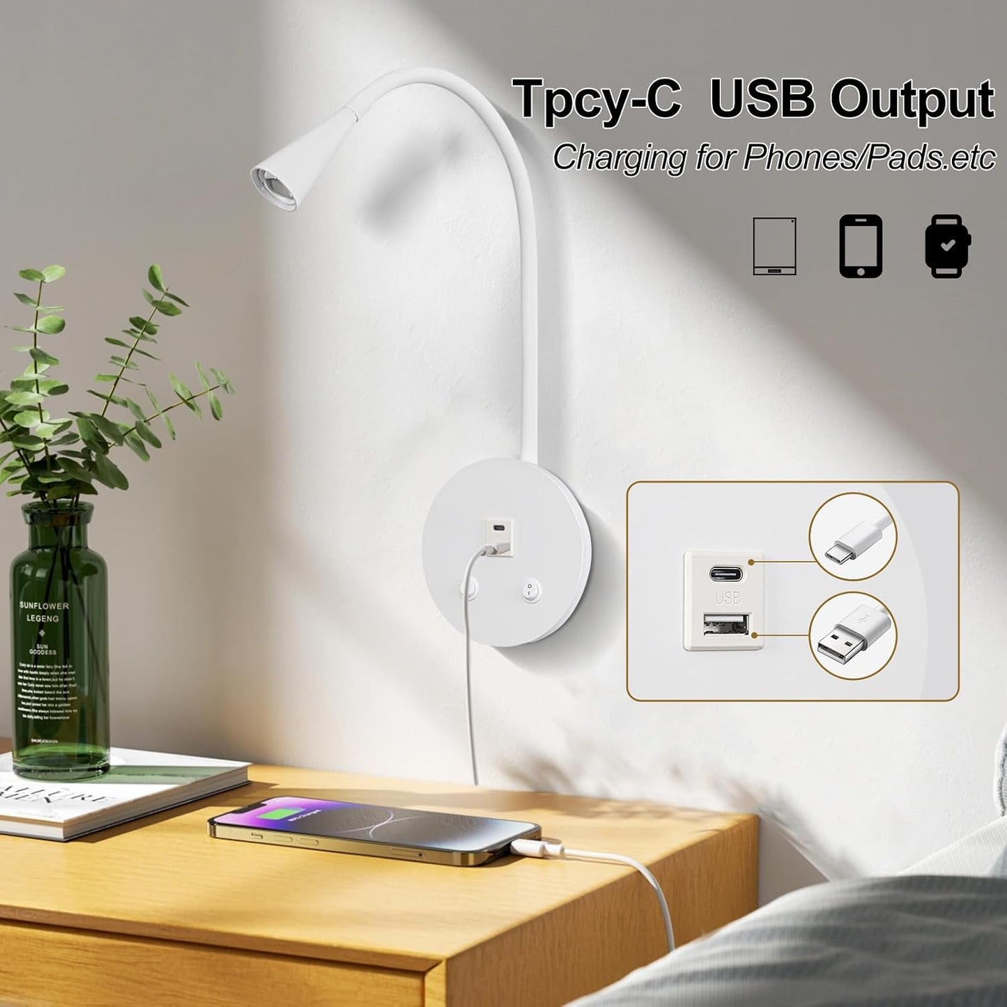 Book Lights for Reading at Night, LED Wall Mounted Reading Light, Flexible Gooseneck Wall Lamps for Bedroom, Plug in Wall Lights with USB Charging, Bedside Wall Sconces Focused Bed Lamp (Black)