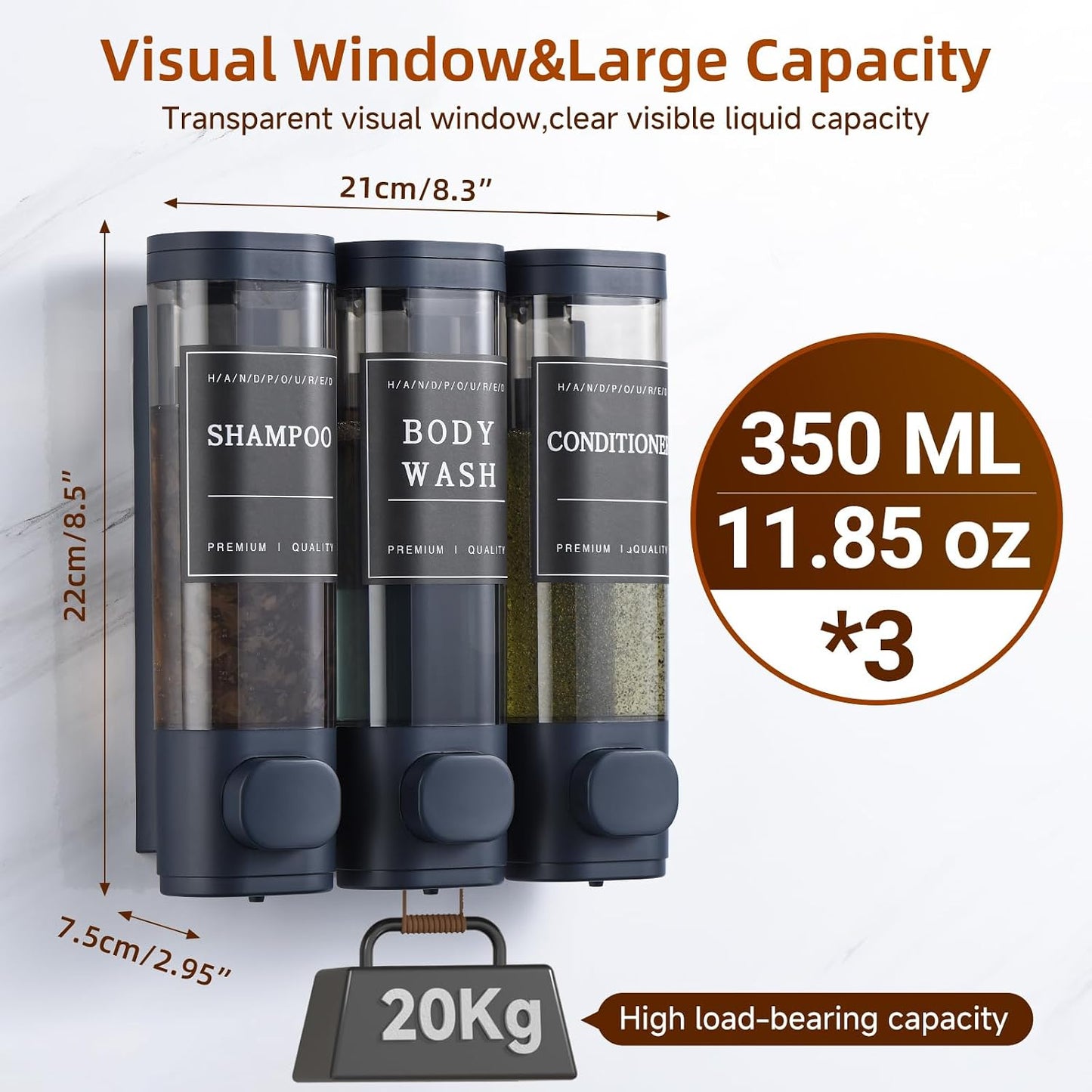 Shampoo and Conditioner Dispenser,Shower Soap Dispenser 3 Chamber No Drill Wall-Mounted for Bathroom & Hotel Leak-Proof Pumps, for Thick Liquids Like Conditioner - 1050ML High Capacity, Dark Blue