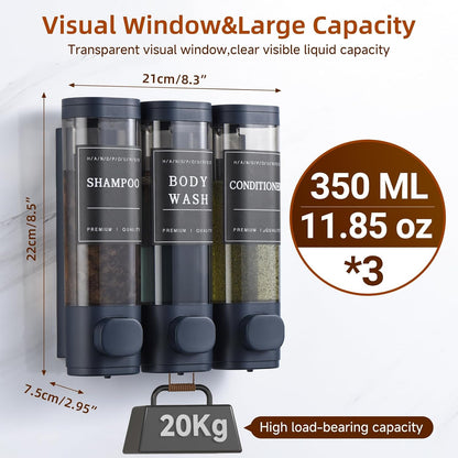 Shampoo and Conditioner Dispenser,Shower Soap Dispenser 3 Chamber No Drill Wall-Mounted for Bathroom & Hotel Leak-Proof Pumps, for Thick Liquids Like Conditioner - 1050ML High Capacity, Dark Blue