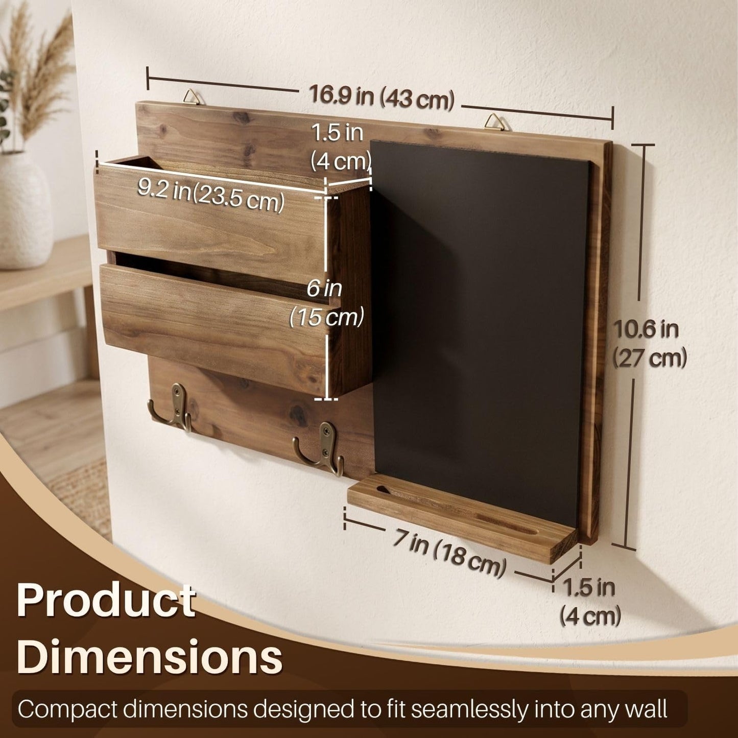 Flexzion Chalkboard Key Holder Wall Mount, Mail Organizer with Wood Shelf | Rustic Wood Entryway Message Center with Double Hooks and Mail Slot for Letters, Notes, Wallets and Daily Essentials