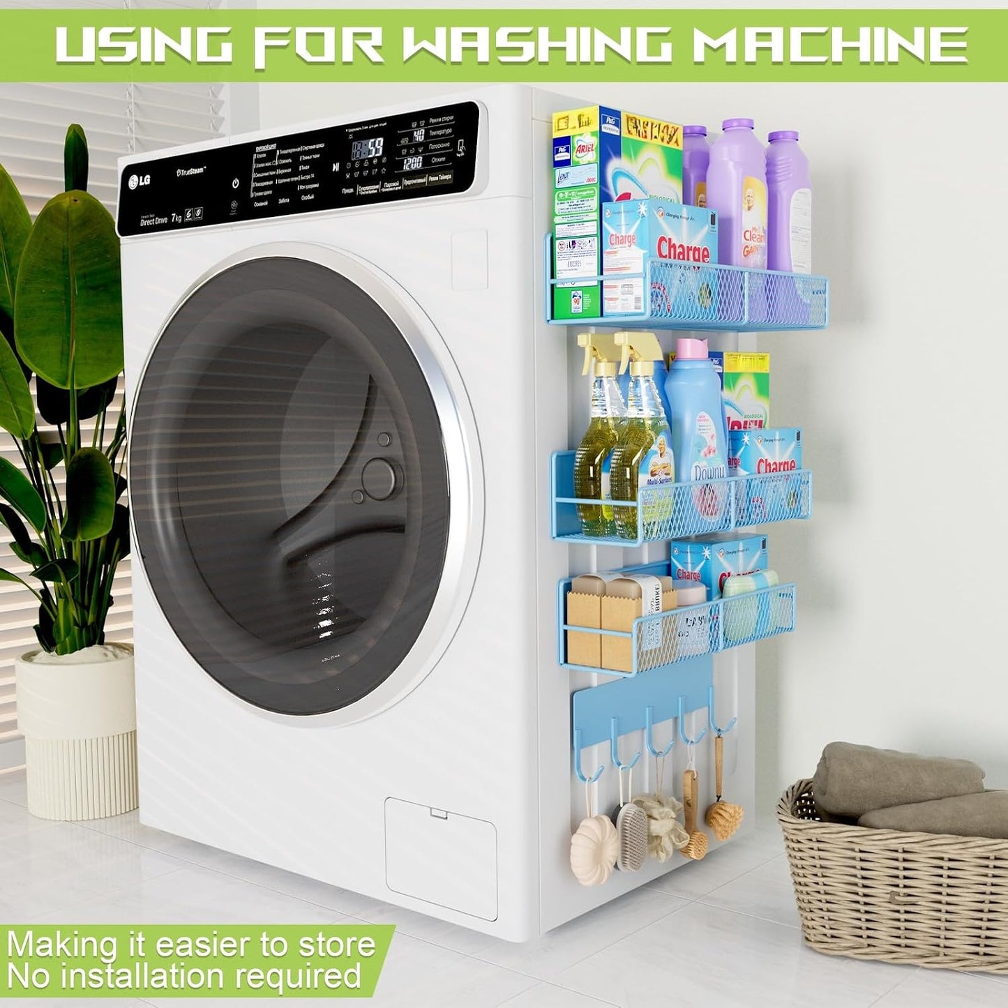 4 Pack Magnetic Shelves for Washing Machine, Heavy-Duty Magnetic Laundry Organizer with Hooks, Washing Machine Shelf for Refrigerator, Metal Storage Baskets, Closet & Laundry Room Organization(Black)