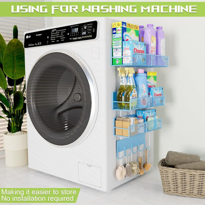 4 Pack Magnetic Shelves for Washing Machine, Heavy-Duty Magnetic Laundry Organizer with Hooks, Washing Machine Shelf for Refrigerator, Metal Storage Baskets, Closet & Laundry Room Organization(Black)