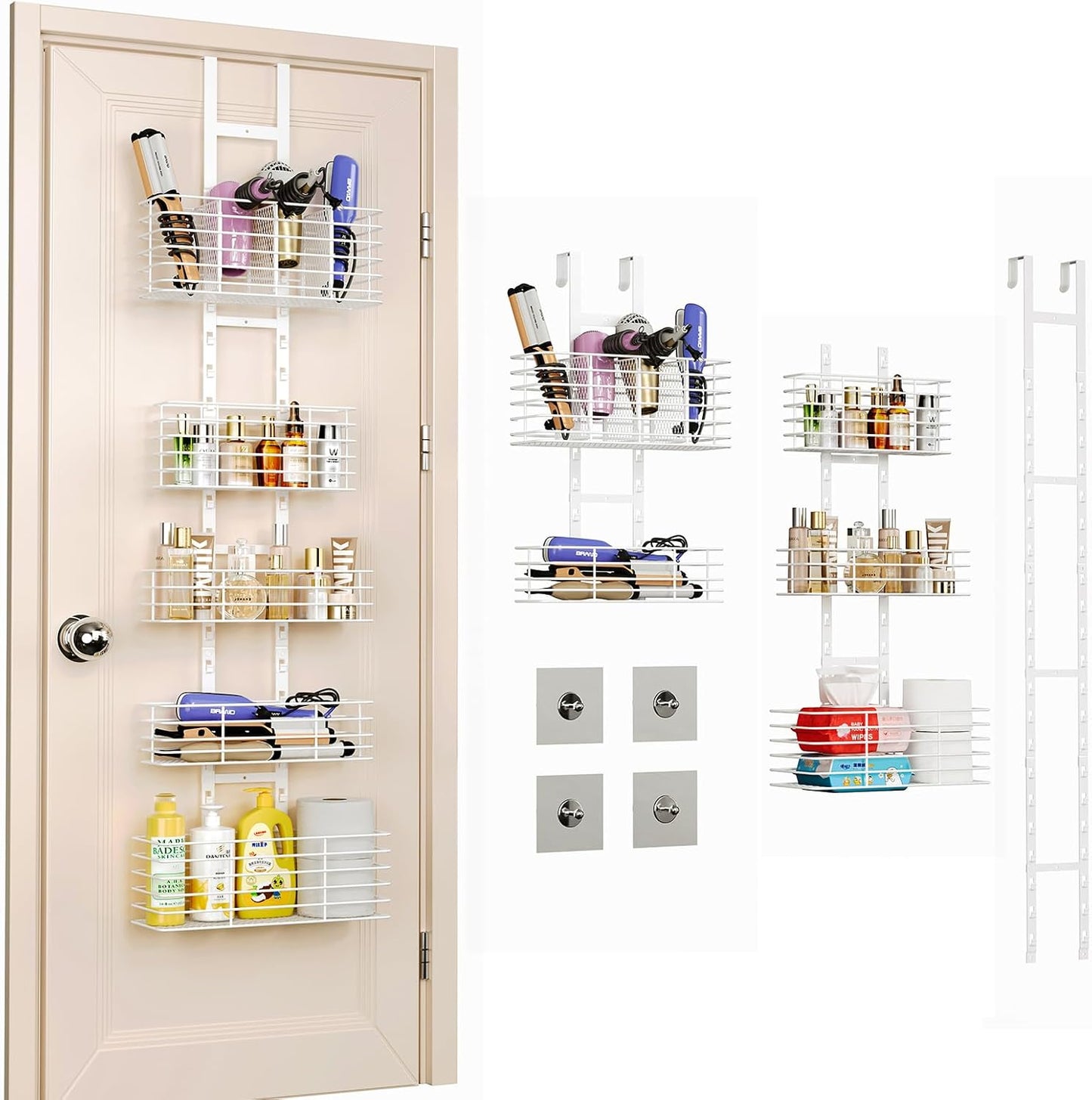 Yuyetuyo 7-Tier Over The Door Organizer, Shower Caddy Hanging &Wall Mounted Hair Tool Organizer/Hair Dryer Holder Adjustable, Behind Door Storage for Bathroom Bedroom Closet Cabinet Pantry Kitchen