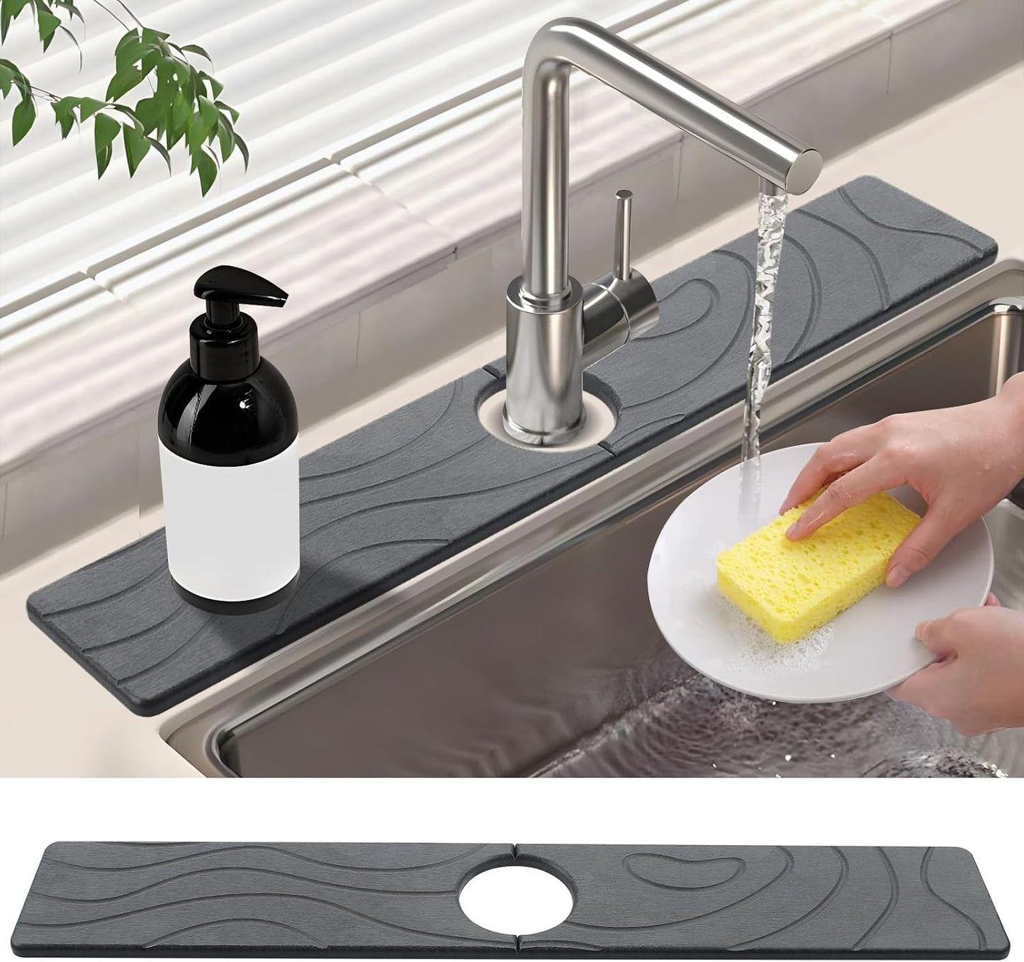 2 Pcs Faucet Mat for Kitchen Sink 15.74”×3.94” Diatomite Quick Dry Sink Splash Guard Absorbent Kitchen Stone Sink Tray Faucet Splash Guard for Bathroom Counter