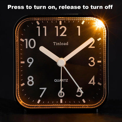 Tinload Small Battery Operated Analog Travel Alarm Clock Silent Non Ticking, Gentle Wake, Ascending Beep Sounds, Snooze,Lighted on Demand, Easy Set(Black)