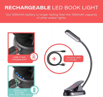 hooga Amber Book Light – Blue Light Blocking Reading Light for Bed, Stepless Dimming, Rechargeable Clip-On Night Light, 1600K Amber & 625nm Red LED for Night Reading