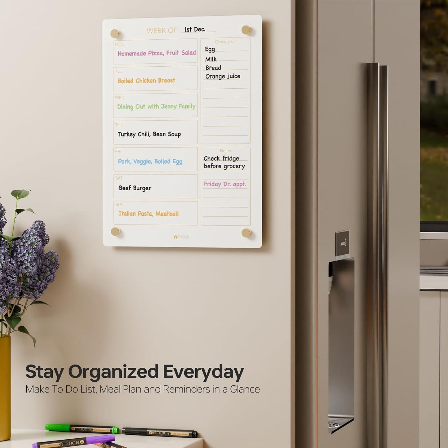 Yeoux Clear Glass Golden Weekly & Menu Dry Erase Calendar Board 15“x11 | Wall Mount, Non-Magnetic, Meal Planning & Grocery Shopping List Whiteboard for Kitchen & Home, 4 Markers