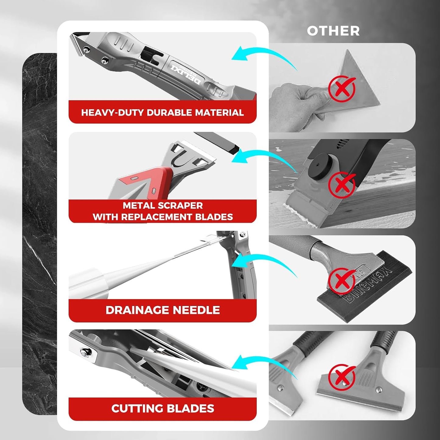 7 in 1 Caulking Tool with 5 Silicone Pads and 10pcs Caulking Tool Kit, Caulk Remover Tool with Replacement Blades and Unclogging Needle, Caulking Removal Tool for Kitchen Bathroom and Window