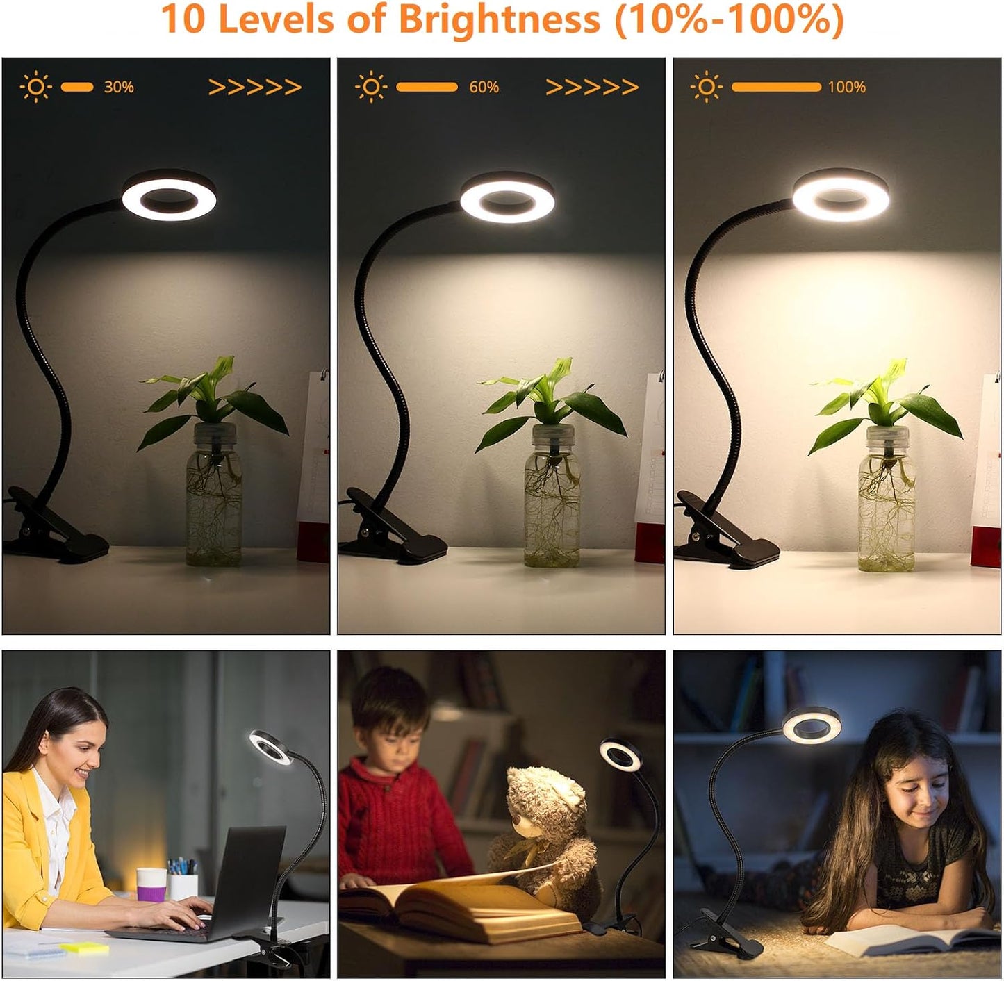 Woputne Desk Lamp Clip on Light for Bed Book Reading (Black) | 10 Dimmable Brightness 3 Light Modes Desk Lights for Home Office Clamp Bedside Lamp for Painting, Craft, Study