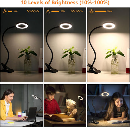 Woputne Desk Lamp Clip on Light for Bed Book Reading (Black) | 10 Dimmable Brightness 3 Light Modes Desk Lights for Home Office Clamp Bedside Lamp for Painting, Craft, Study