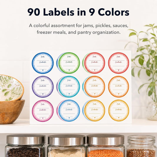 CHUBBIEE 2" Mason Jar Canning Labels, 9 Colors, Microwave/Freezer Safe, 90