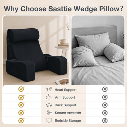Sasttie 15-25 inch Adjustable Reading Pillow with Armrests, Dark Grey | Back Rest Pillow with Secure Side Straps, Memory Foam Back Support Cushion Bed Chair for Reading, Gaming & Relaxing