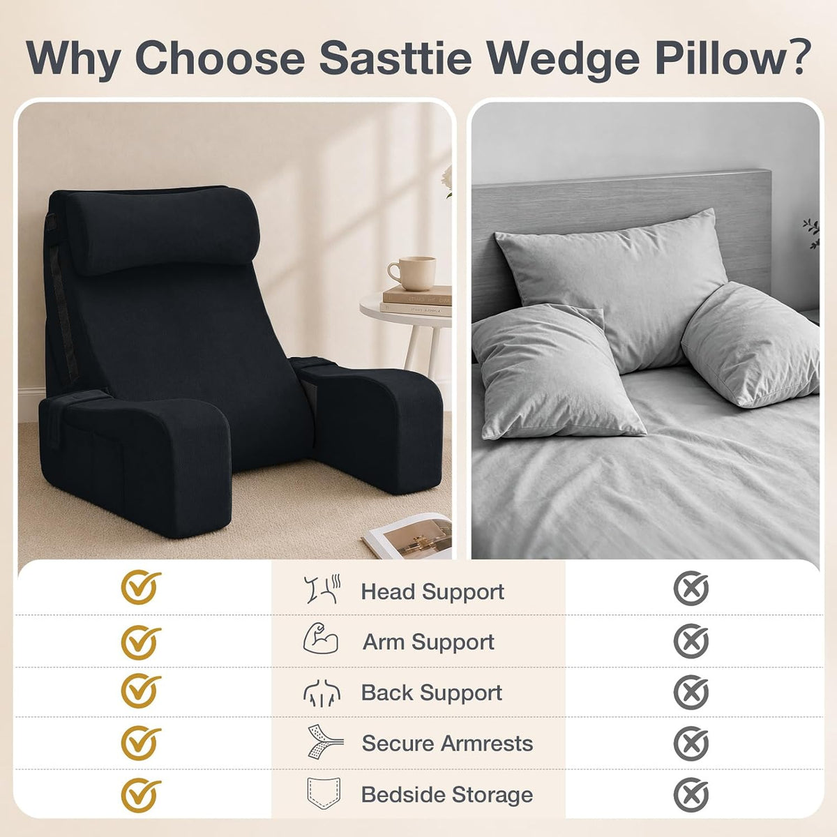 Sasttie 15-25 inch Adjustable Reading Pillow with Armrests, Dark Grey
