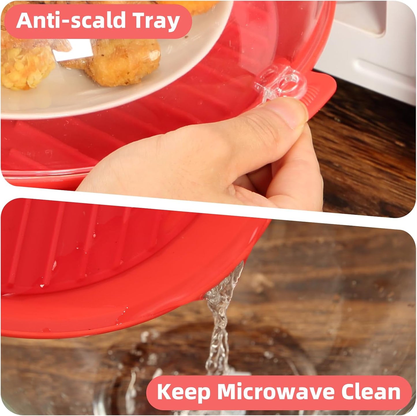 Microwave Splatter Cover Lid for Food 10.2 Inch with Water Steamer, Clear Microwave Splash Guard Cooker Lid with Plate, Dish Bowl Plate Serving Cover Cookware High Transparent Plastic Black
