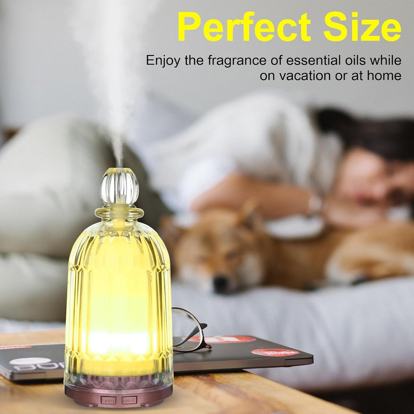 Glass Essential Oil Diffuser, Ultrasonic Aroma Diffuser Glass Cover & Plastic Reservoir with 7 LED Color Changing Light, Auto Shut-Off for Home Office Spa, 120ml(Black Base)
