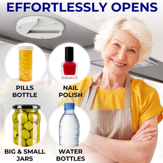 Under Cabinet Lid Jar Opener for Weak Hands and Seniors with Arthritis | Opens Any Cap One Handed, Heavy Duty Steel, Unscrews Bottles and Cans, No Drill, Mounts Out of Sight in your Kitchen Cabinet