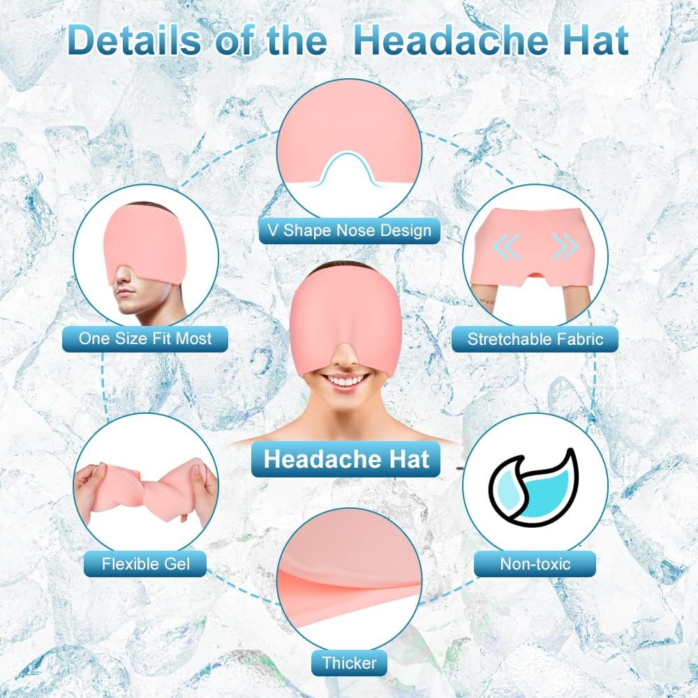 AOOWU Migraine Relief Cap, Reusable Soothing Headache Cap, Odorless Cooling Gel Ice Hat, Ice Pack Head Wrap, Hot and Cold Therapy, Cold Face Mask for Tension Stress Hangover Sinus Puffy Eyes, Blue