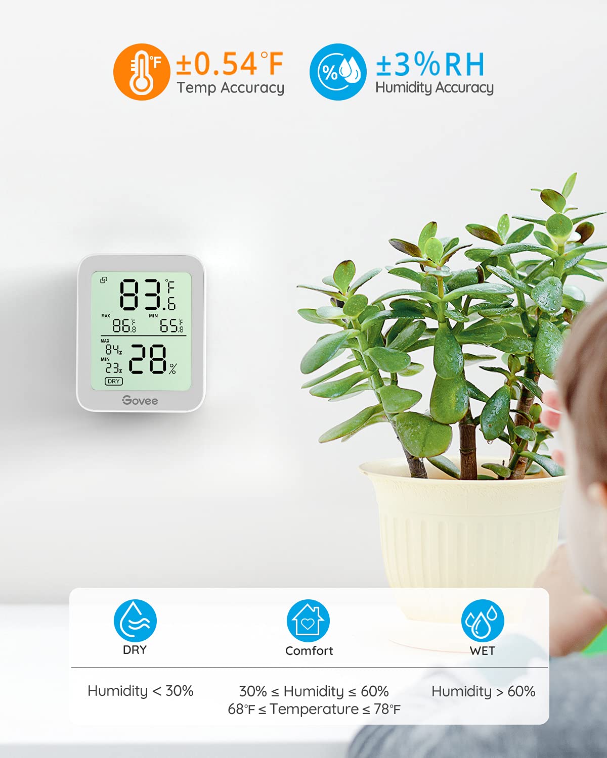 Govee Indoor Hygrometer Thermometer H5075 with Bluetooth App Control | Room Temperature Humidity Meter, 164ft Remote Monitor, Smart Alerts, 2 Years Data Storage Export, for Bedroom Wine Cellar