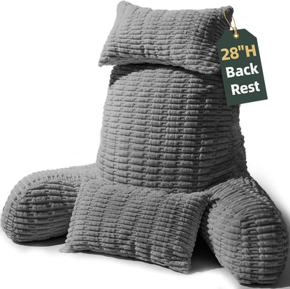 21" Higher Large Reading Pillow for Bed Adult, Back Pillow for Bed Sitting Up with Memory Foam Back Support with Arms Rest for Couch Chair Gray