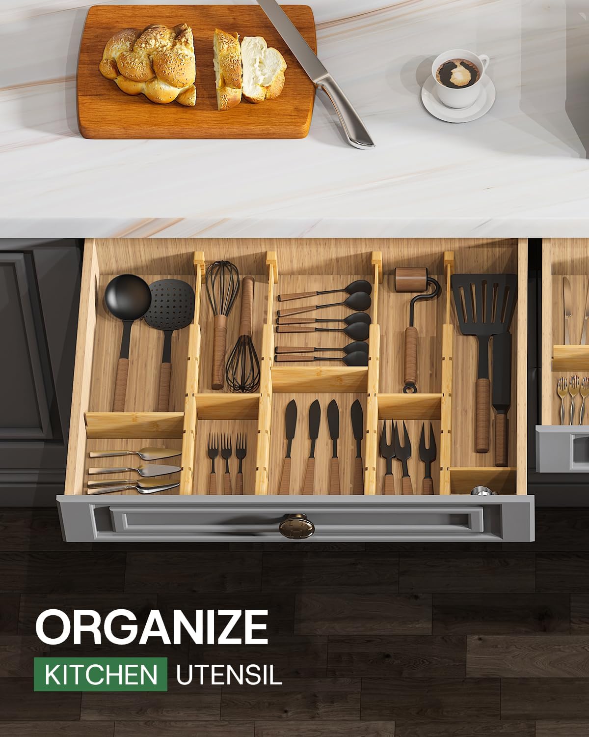 kiplant Kitchen Drawer Dividers - Adjustable Drawer Organizer for Clothes, Kitchen, Closet & Office - 8 Pack with Inserts, 18-22.6 Inches, Non-Slip Silicone Ends