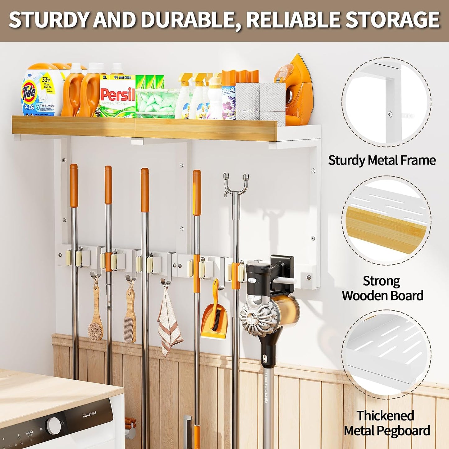 Broom and Mop Organizer Wall Hanging, Broom Hanger Holder Wall Mount | 3-in-1 Mop and Broom Holder Wall Mount with Storage Shelf & Vacuum Organizer,5 Racks,5 Hooks for Garage,Kitchen,Laundry Room