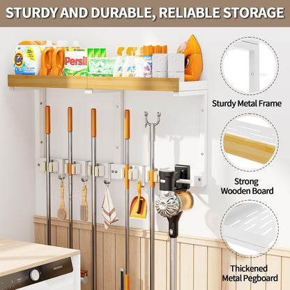 Broom and Mop Organizer Wall Hanging, Broom Hanger Holder Wall Mount | 3-in-1 Mop and Broom Holder Wall Mount with Storage Shelf & Vacuum Organizer,5 Racks,5 Hooks for Garage,Kitchen,Laundry Room
