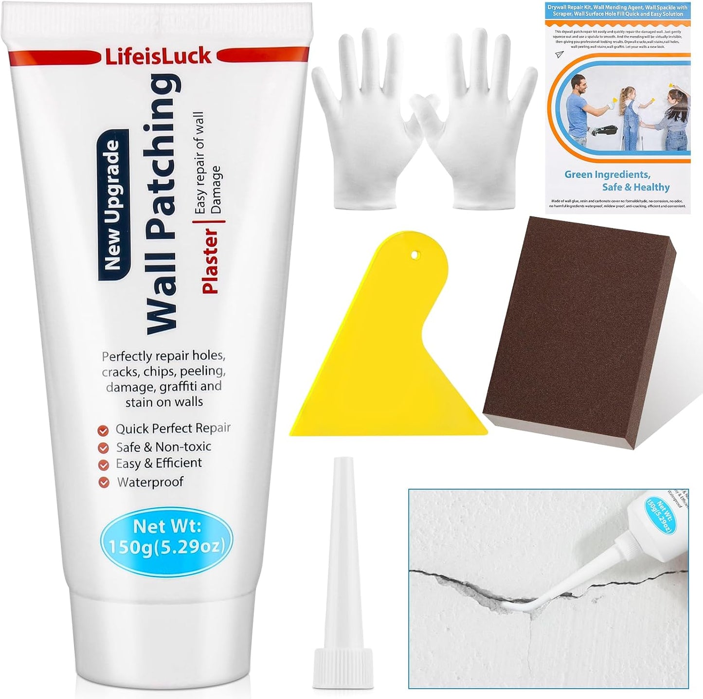 Drywall Repair Kit, Drywall Patch Repair Kit with 8.8OZ White Wall Repair Putty, Scraper Sandpapers Gloves for Heavy Duty Plaster Wall Repair, Easy to Fill Holes in Home Wall & Quick Repair Crack