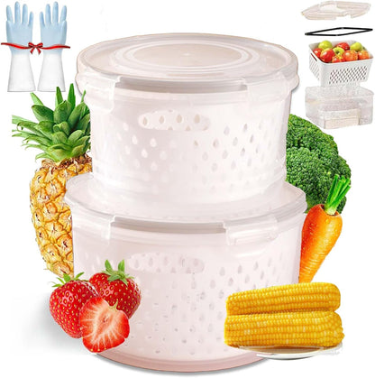 4 In 1 Food Storage Container, Fruit Storage Containers for Fridge, Household Transparent Plastic Food Storage Box-Including Drain Basket, Soak, Wash, Drain, and Store (Gray, S+M+L)