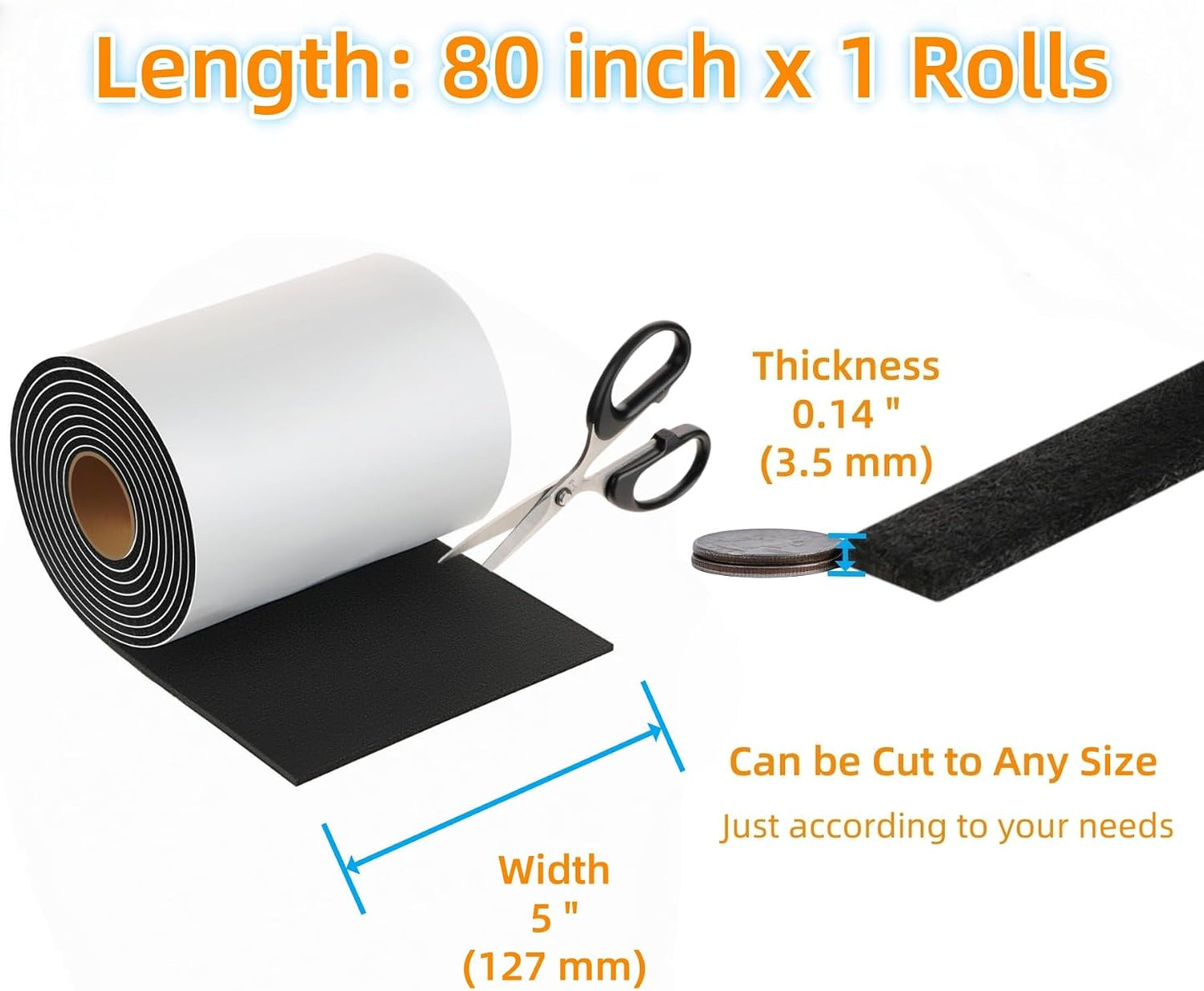 Felt Strips with Adhesive Backing Heavy Duty Cuttable Felt Tape Roll Furniture Pads for Chair Legs - Protecting Hardwood Floors, Chair Wall Protector (Black, 80 x 0.5 x 0.14 Inch)