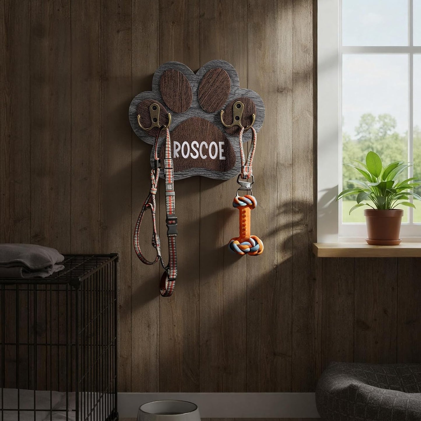Kathfly Wooden Dog Leash Holder for Wall Paw-Shaped Pet Harness Hanger 52 Letters Leash Hook Hangers Cat Collar Organizer Keychain Towels for Entryway Pet Loss Gifts Keepsake Home Decor (Double Hook)
