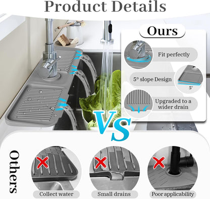 PoYang 23.6 Inch Silicone Sink Splash Guard, Kitchen Sink Mat, Light Grey | Faucet Mat with Wide Drainage & Cuttable Hole, Keeps Faucet Base Dry, Long & Short Sink Protectors for Kitchen, Bathroom & RV