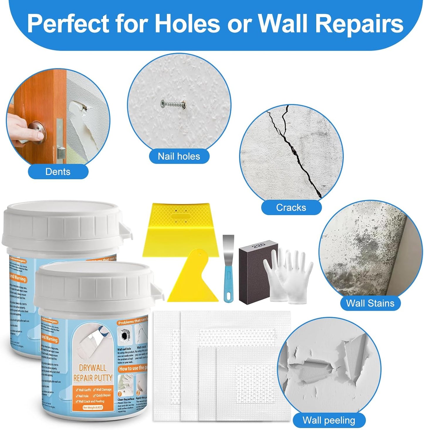 Drywall Repair Kit, Drywall Patch Repair Kit with 8.8OZ White Wall Repair Putty, Scraper Sandpapers Gloves for Heavy Duty Plaster Wall Repair, Easy to Fill Holes in Home Wall & Quick Repair Crack