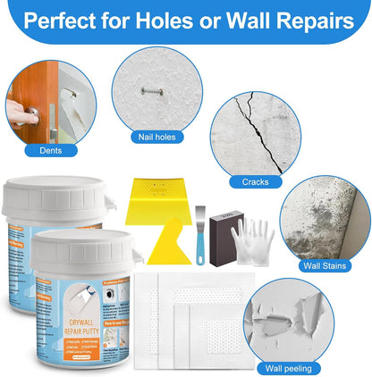 Drywall Repair Kit, Drywall Patch Repair Kit with 8.8OZ White Wall Repair Putty, Scraper Sandpapers Gloves for Heavy Duty Plaster Wall Repair, Easy to Fill Holes in Home Wall & Quick Repair Crack
