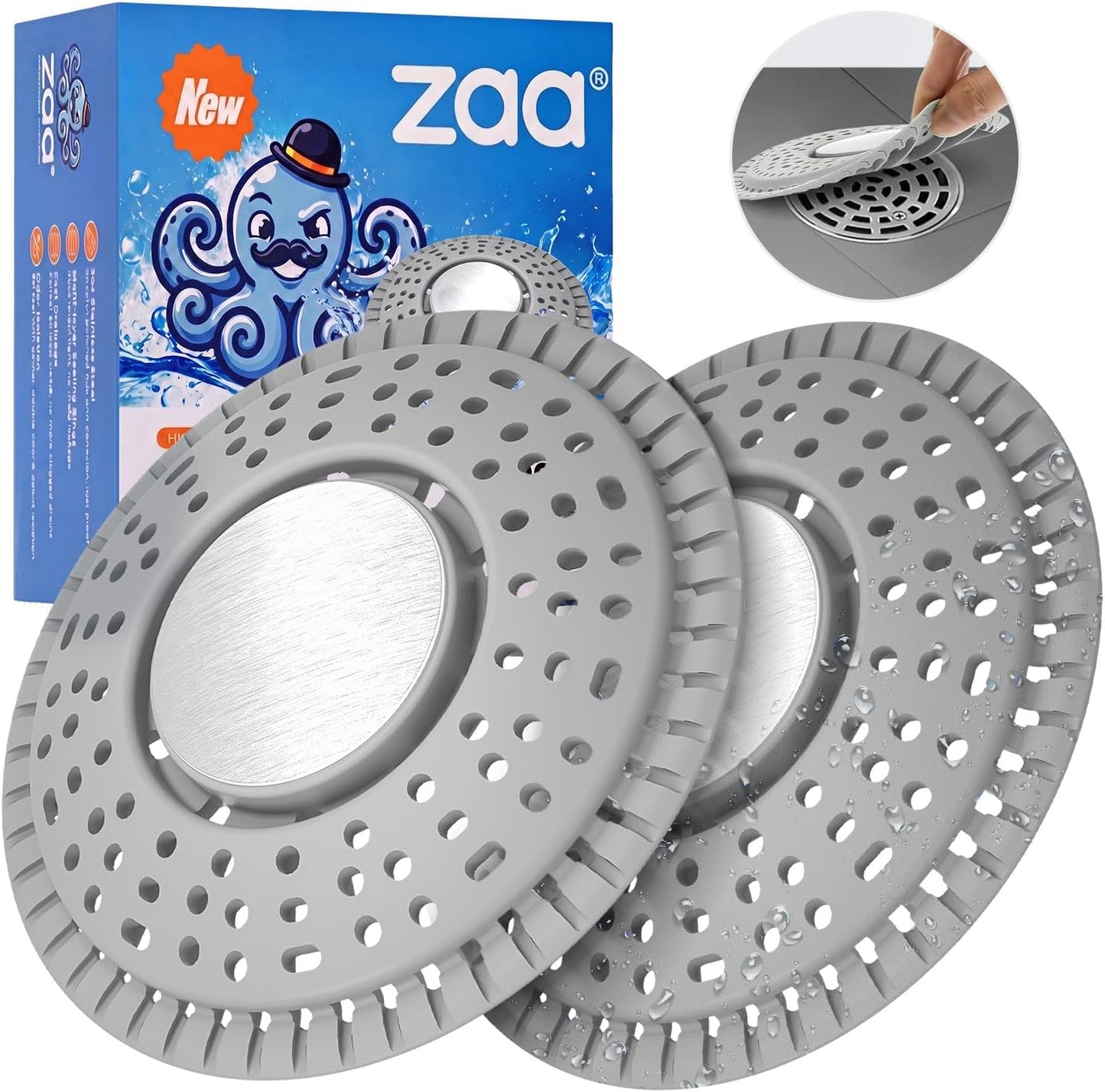 Shower Drain Hair Catcher Silicone Flat Floor Strainer Protector | 2 Pack Gray Weighted Flat Shower Drain Protectors, Traps Hair Before Clogs, Easy to Clean in Seconds, Fits Flat Floor Drains