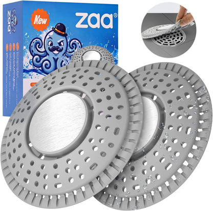 Shower Drain Hair Catcher Silicone Flat Floor Strainer Protector | 2 Pack Gray Weighted Flat Shower Drain Protectors, Traps Hair Before Clogs, Easy to Clean in Seconds, Fits Flat Floor Drains