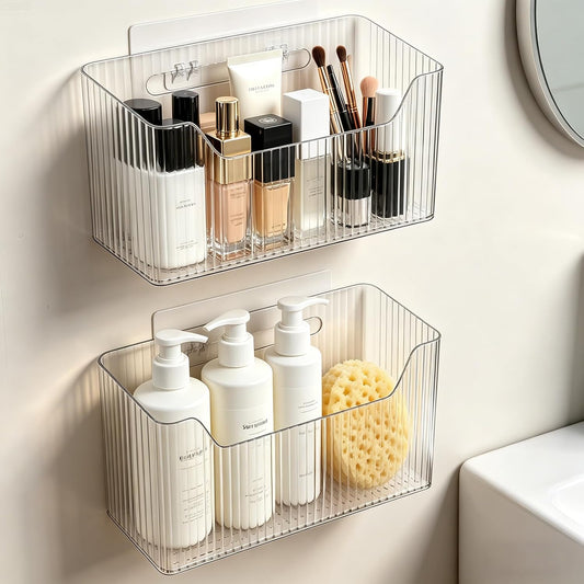 Lae Nuvole 2Pcs Storage Organizer Bins, Wall Shower Toothbrush Caddy, Clear | with Dividers & 4 Adhesive Pads, No Drill, Renter Friendly, BPA-Free PET, Fits Bathroom, Apartment, RVs, Cabinet/Pantry Door
