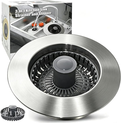 Anlige Kitchen Sink Drain Strainer, 3 in 1 Pop Up Kitchen Sink Stopper, with An Extra Basket Strainer, Universal for US Standard 3-1/2 Inch, Chrome Silver