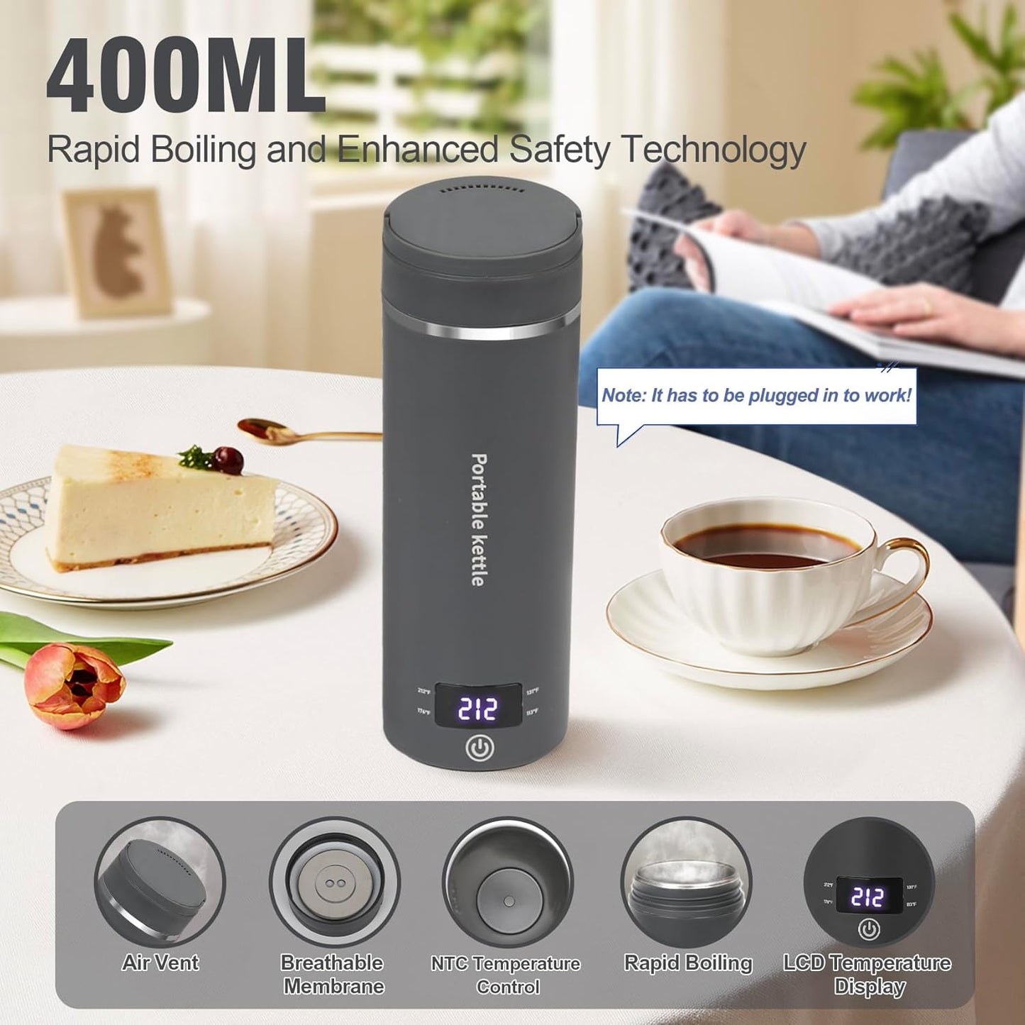 Touxila Portable Electric Kettle for Travel 120V, 13.5oz, 4 Temp Settings | 304 Stainless Steel Lining,Fast Boiling Water,Auto Shut-Off,Boil Dry Protection,Small Kettle for Office & Hotel(Beige, 400ML)