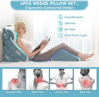 Kingfun 4PCS Orthopedic Bed Wedge Pillow Set for Sleeping, Post Surgery Memory Foam Support Pillows for Back, Neck and Leg Pain Relief, Adjustable Triangle Pillow - Acid Reflux, Anti Snoring & GERD